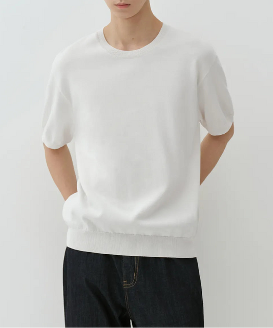 Washable Sufima Cotton Crew Neck Short Sleeve Knitwear [Ivory]