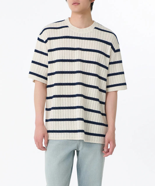 Relaxed crocheted striped knit shirt [Ivory&Navy]
