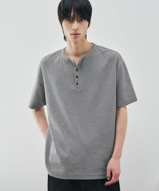 Oversized Waffle Henley Tee - LIGHT GRAY