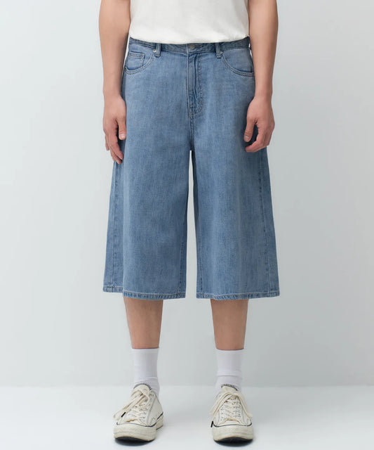 Linen Like Long Bermuda Denim Pants [Light Indigo]