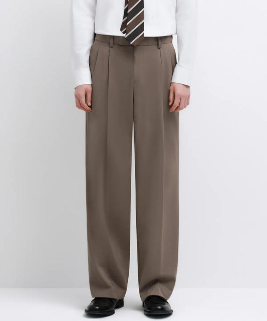 Wide Leg Pleated Slacks - Dusty Beige