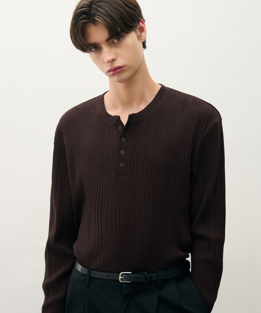 Textured Rib Henley Tee - BROWN
