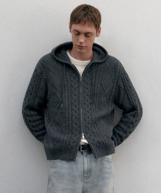 Aran Cable Knit Hooded Zip-Up [Medium Gray]