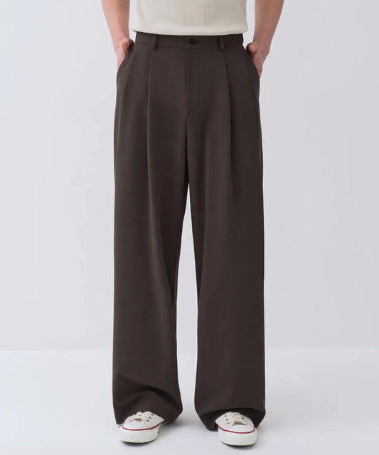 Extra Wide Two-tuck Hidden Banding Slacks [Dark Brown]