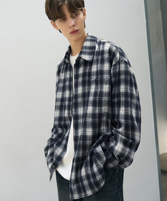 Oversized Ombre Check Shirt - NAVY