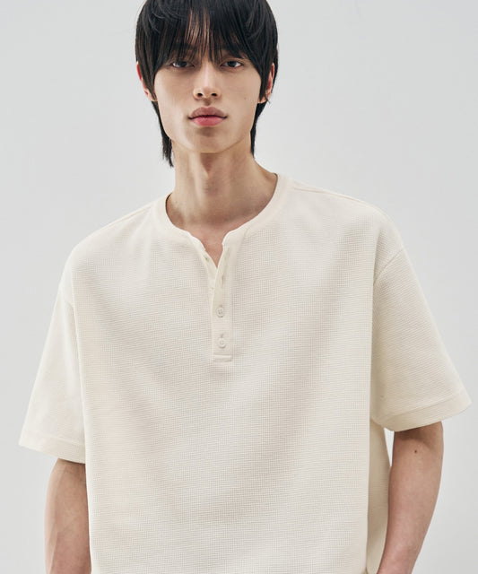 Oversized Waffle Henley Tee - IVORY