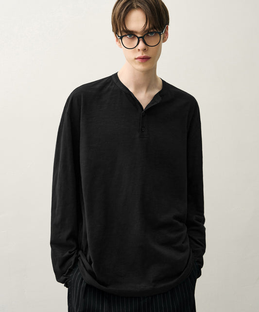 Slub Henley Long Sleeve Tee - BLACK