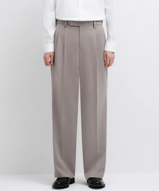 Wide Leg Pleated Slacks - Light Beige