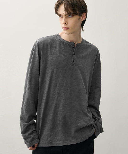 Slub Henley Long Sleeve Tee - CHARCOAL