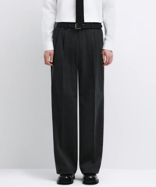 Wide Leg Pleated Slacks - Charcoal Gray