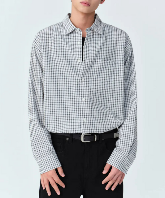 Relaxed Small Plaid Checkered Shirt [Light Gray&Black]
