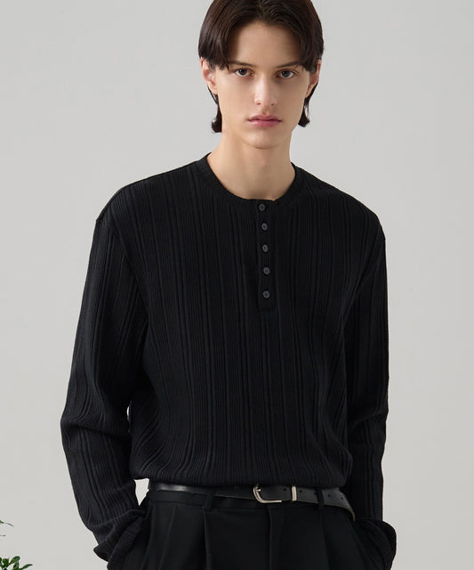 Textured Rib Henley Tee - BLACK