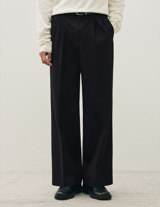 Pleated Wide Leg Slacks - BLACK