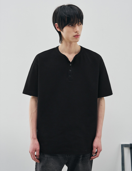 Oversized Waffle Henley Tee - BLACK