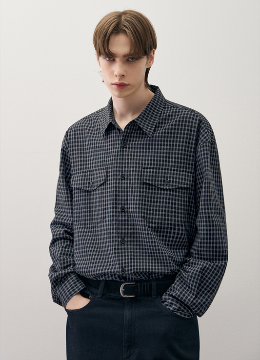 Oversized Plaid Check Shirt - DARK BLUE