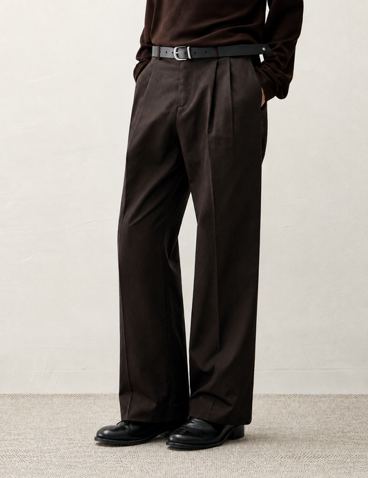 Pleated Wide Chino Pants - BROWN