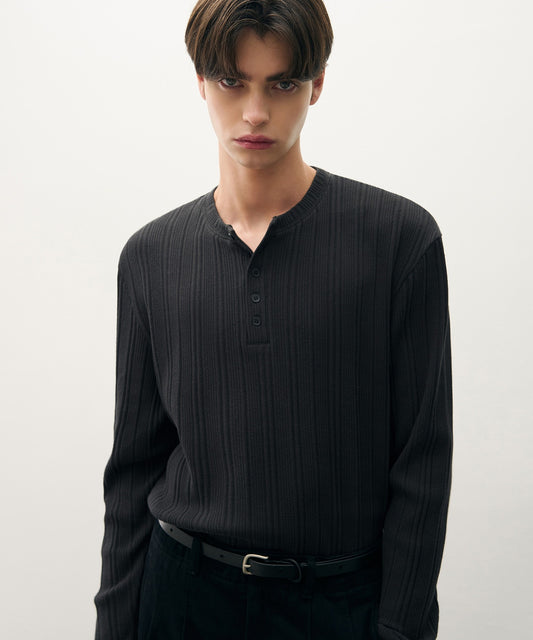 Textured Rib Henley Tee - CHARCOAL