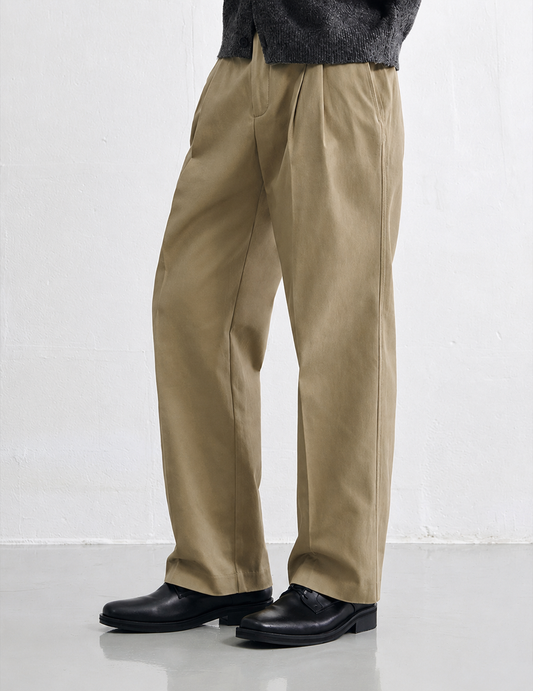 Pleated Wide Chino Pants - BEIGE